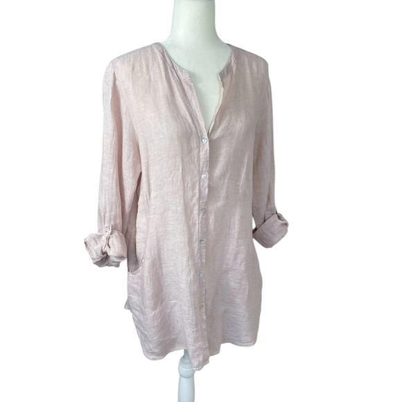 Sigrid Olsen 100% Linen Button Front Tunic Top Roll Tab Sleeve Pink Size Large - Picture 4 of 12